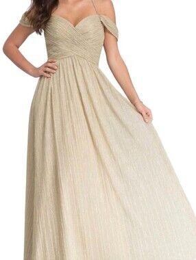 Kleinfeld Champagne Gold Off-The-Shoulder Formal Black Tie  Bridesmaid Dress
